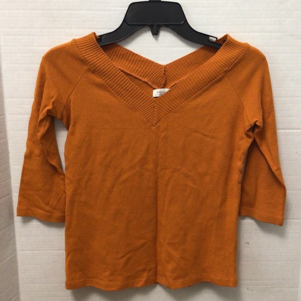 Zara Basics V-Neck Elbow Sleeve Pumpkin Spice Pullover/Top